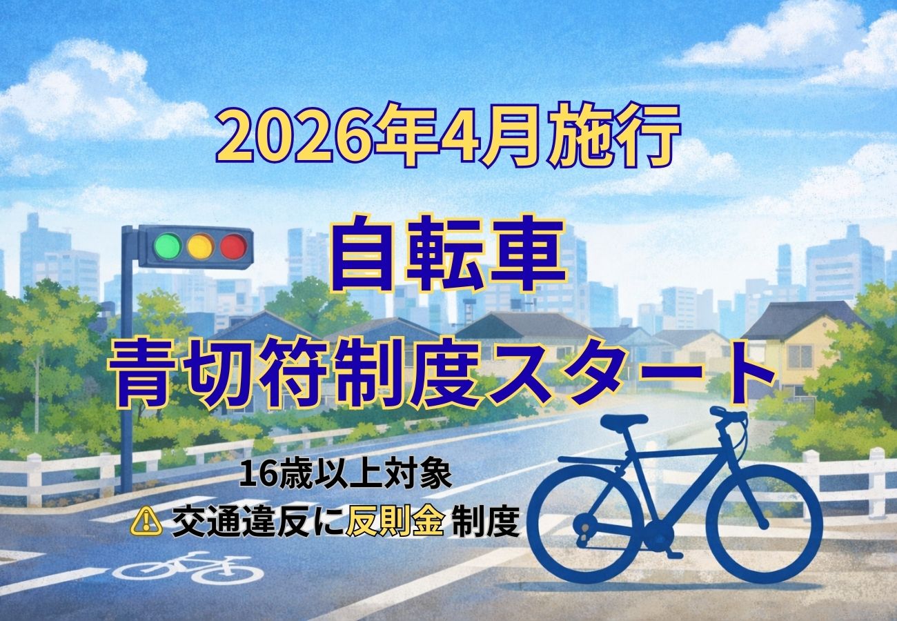 2026年4月から施行される自転車の青切符制度を説明するイラスト。 市街地の道路と自転車のイラスト背景に、16歳以上の自転車違反に反則金が科されることを示している。