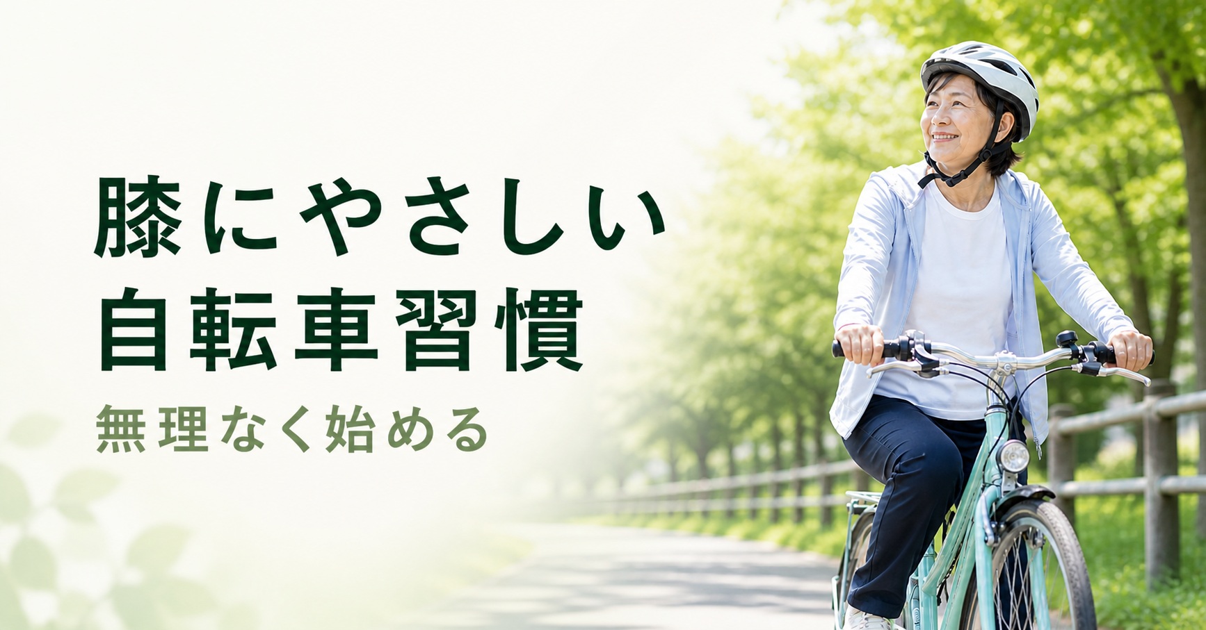 自転車でゆっくり走る中高年女性の様子。膝にやさしい運動としての自転車習慣を紹介するアイキャッチ画像