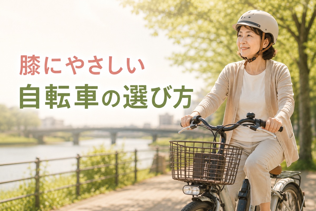 河川沿いを電動アシスト自転車でゆっくり走る女性。膝にやさしい自転車選びをイメージしたアイキャッチ画像。